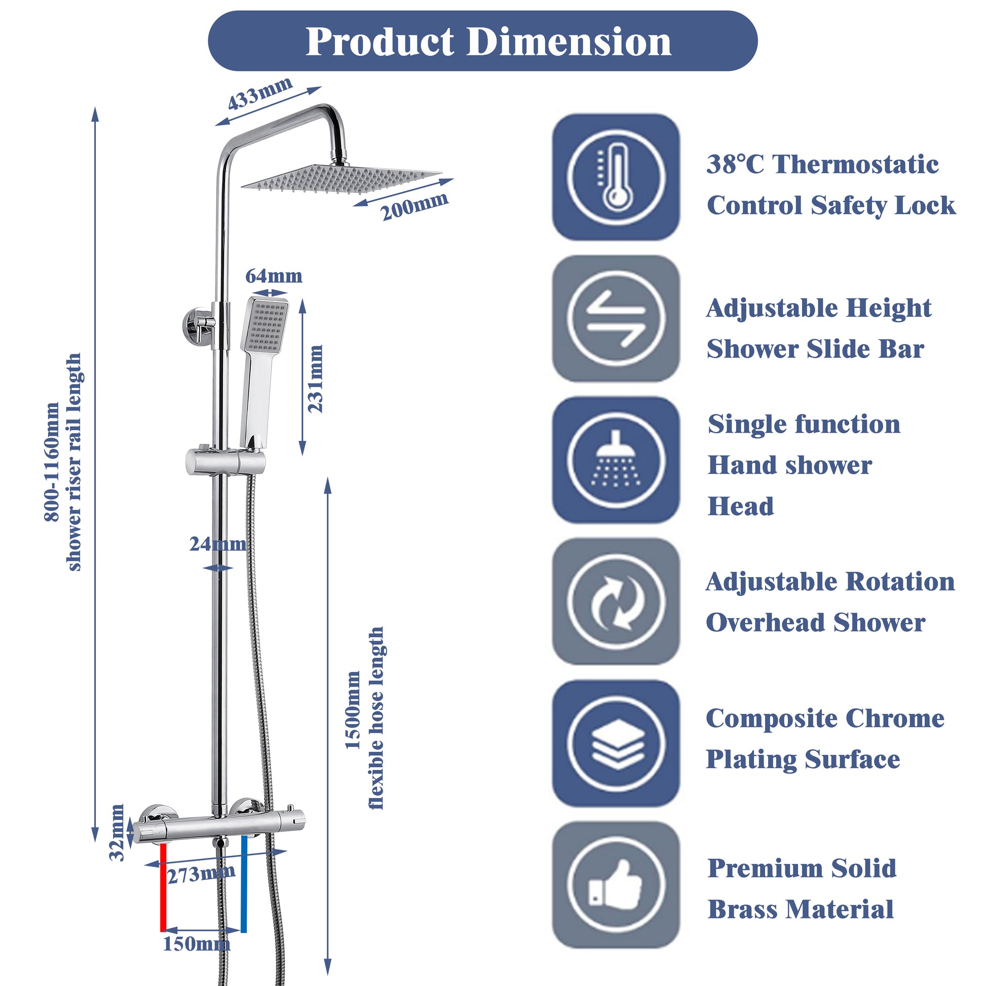 AICA Bathroom Thermostatic Shower Mixer Stainless steel Top Spray Hand