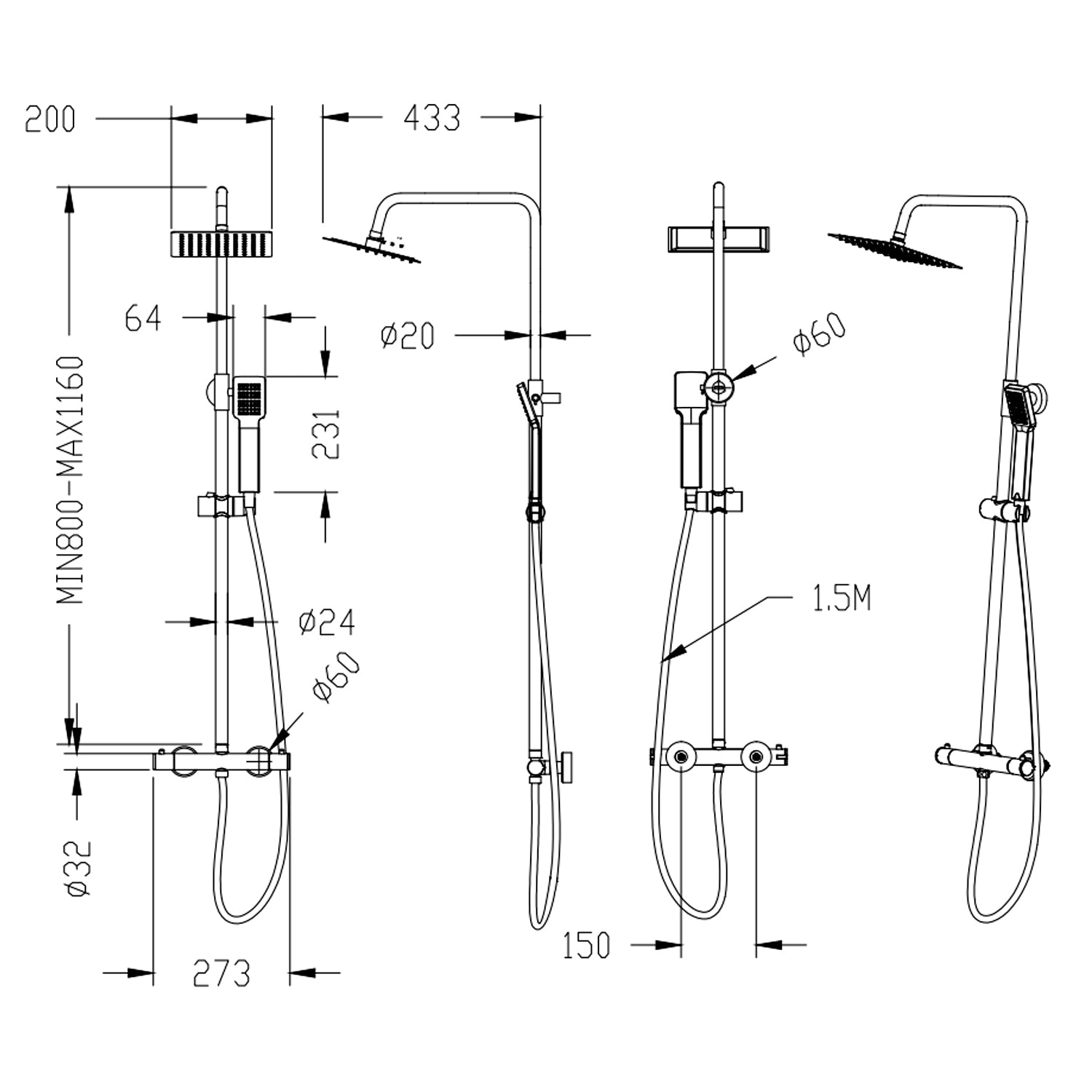 AICA Bathroom Thermostatic Shower Mixer Stainless steel Top Spray Hand