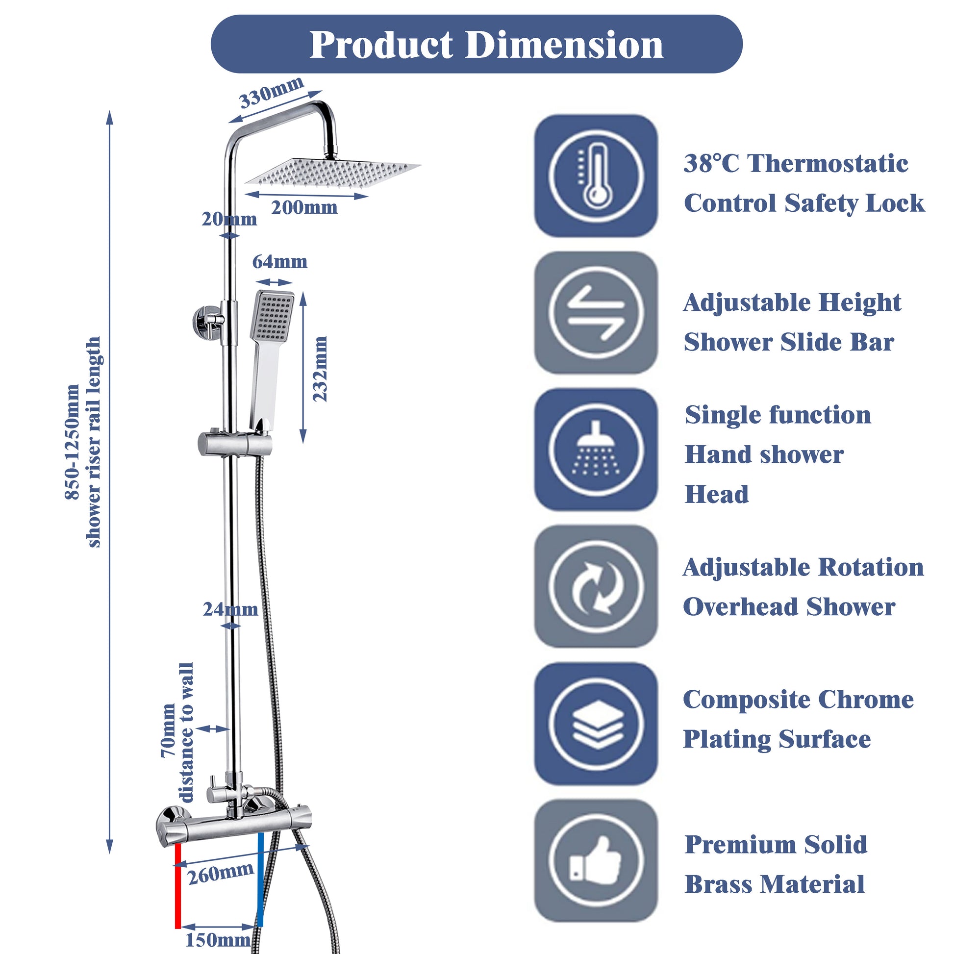 AICA 38 degrees constant temperature shower, square stainless steel ce