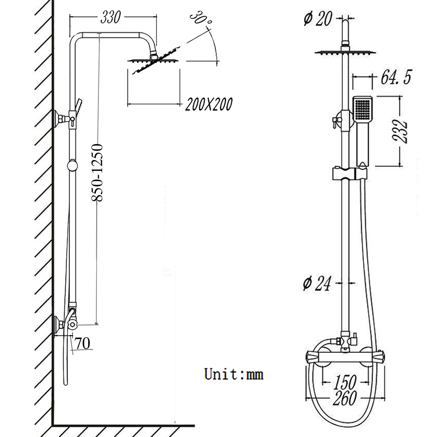 AICA 38 degrees constant temperature shower, square stainless steel ce