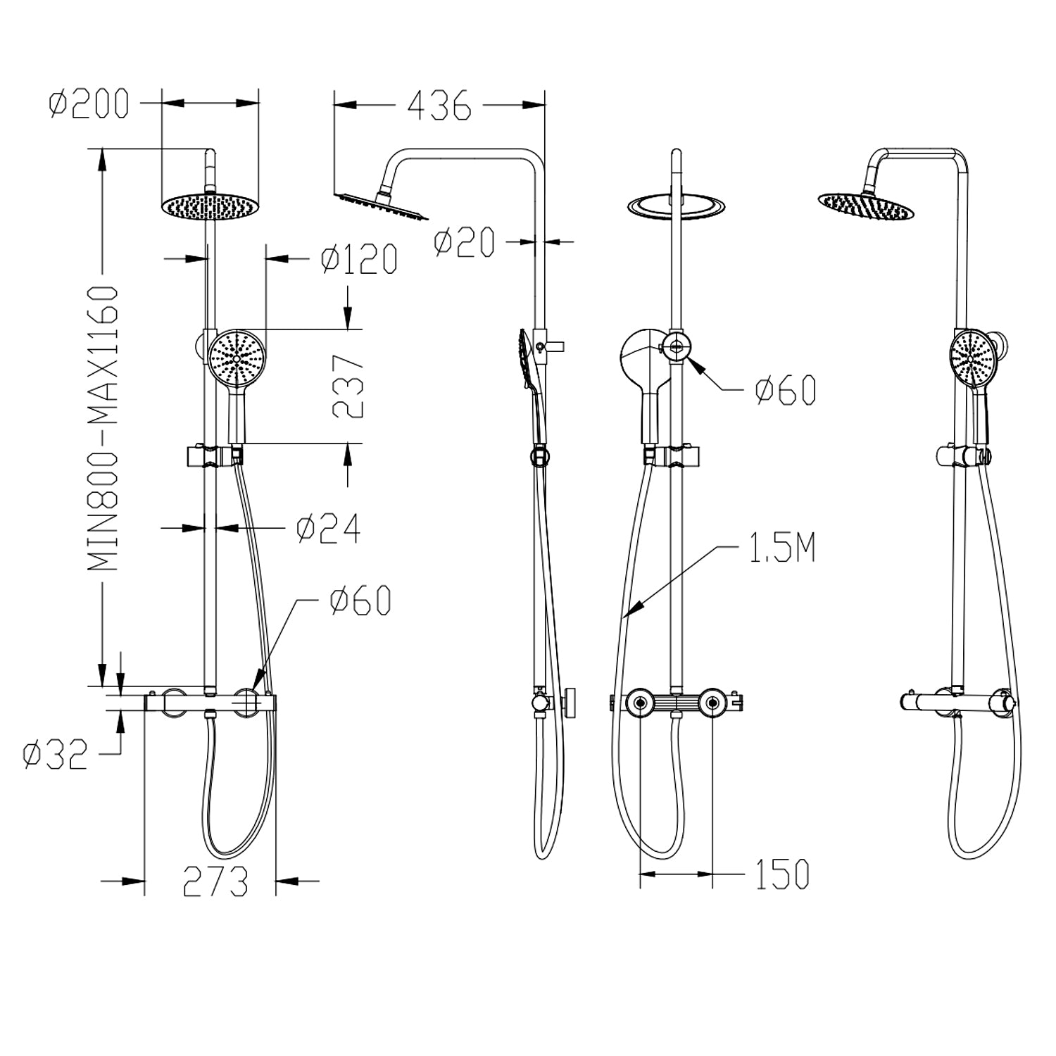 AICA NEW Thermostatic Shower Mixer Chrome Round Bar Silver Set