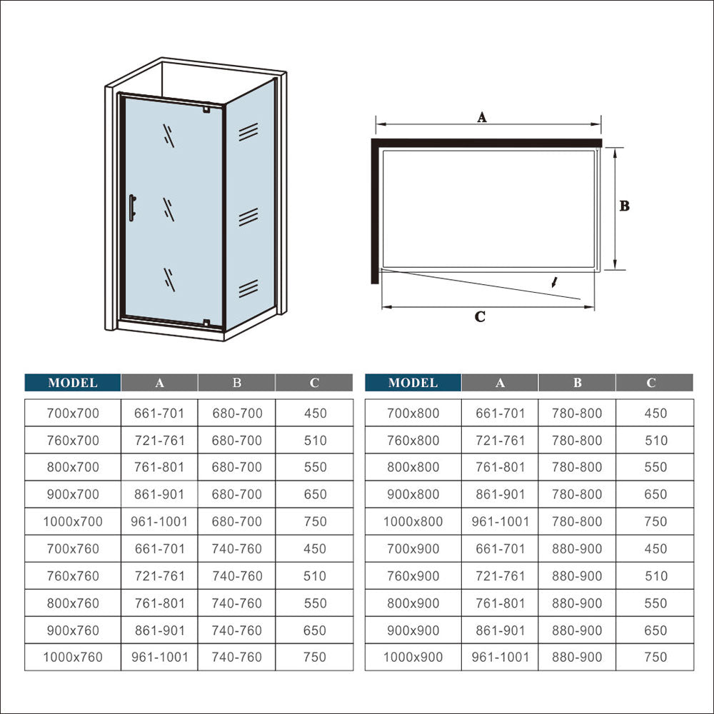 Black Pivot Shower 100cm glass door enclosures 1000 x 1850mm