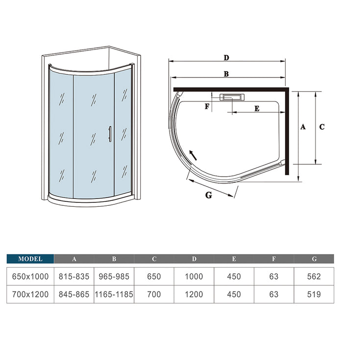 Quadrant Shower Enclosure 6mm Easy Clean Glass 100x65 / 120x70CM
