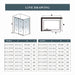 Line drawing of a shower enclosure with dimensions and model specifications.
