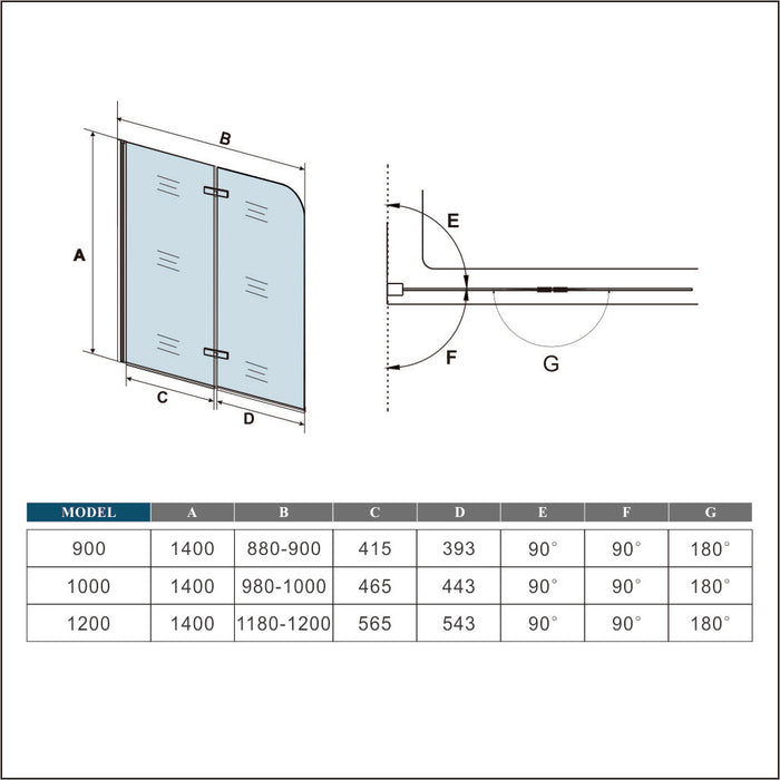 Shower Bath Screen Easy Clean Glass 2 Fold 90/100/120x140cm