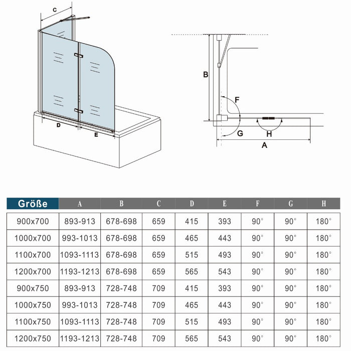 Folding Pivot Shower Bath Screen Nano Glass Panel + Side Panel