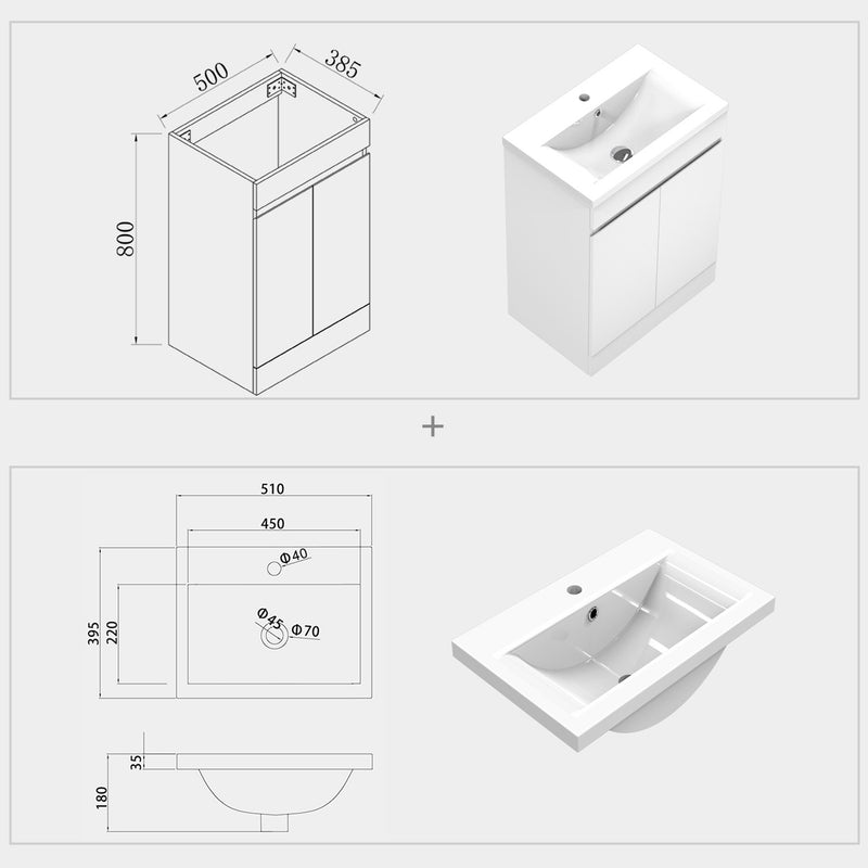 AICA Bathroom 800*500mm White Floor Standing Vanity Unit With Soft Close Doors|Storage Space|Ceramic Basin