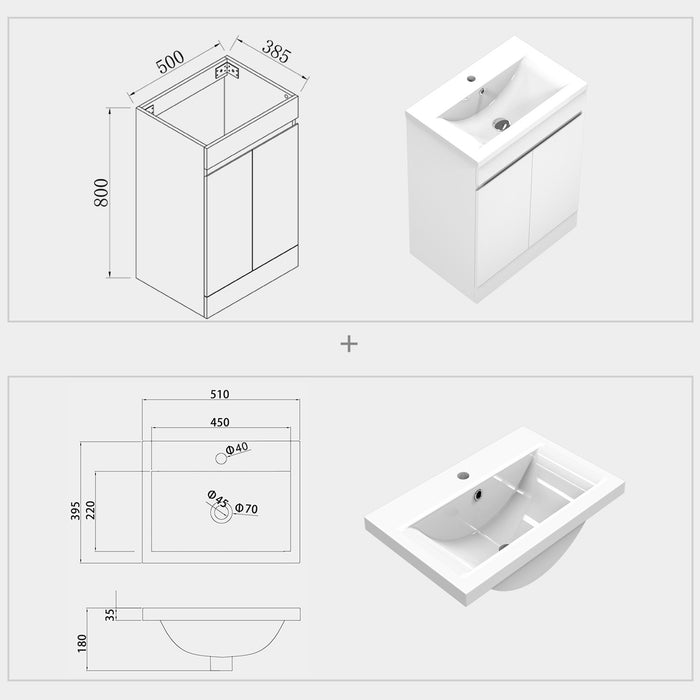 Bathroom 800*500mm White Floor Standing Vanity Unit With Soft Close Doors|Storage Space|Ceramic Basin