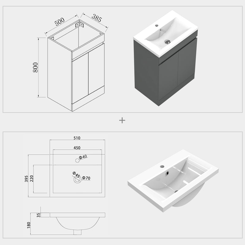 AICA 800x500mm Bathroom Anthracite Vanity Unit With Soft Close Doors|Storage Space|White Ceramic Basin