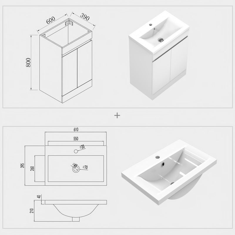 800x600mm Bathroom White Vanity Unit With Storage Space| Soft Close Doors|Thick Ceramic Basin