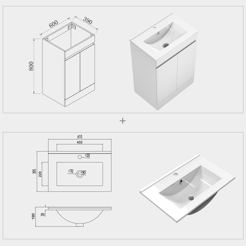 800x600mm Bathroom Anthracite Vanity Unit With Storage Space| Soft Close Doors|White Thick Ceramic Basin