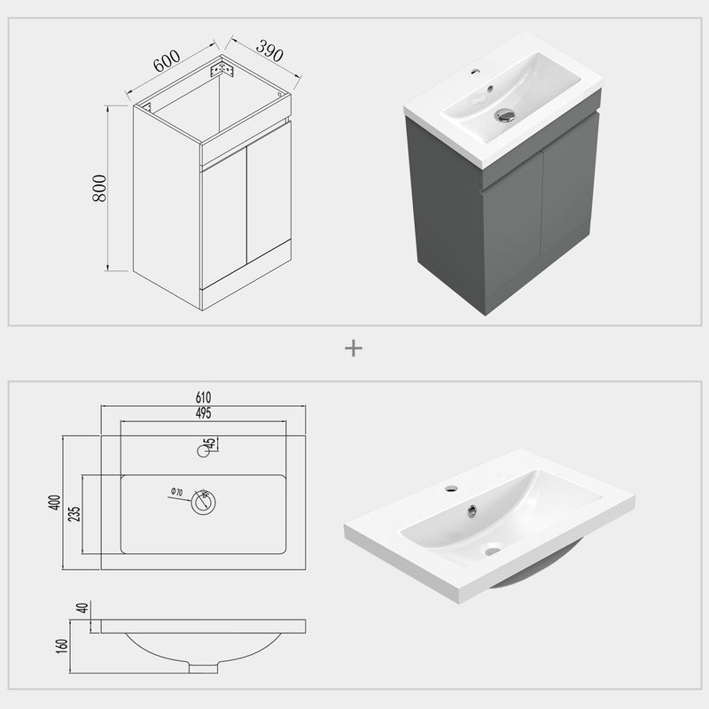 800x600mm Anthracite Vanity Unit With Storage Space|Soft Close Doors|White Artificial Stone Basin