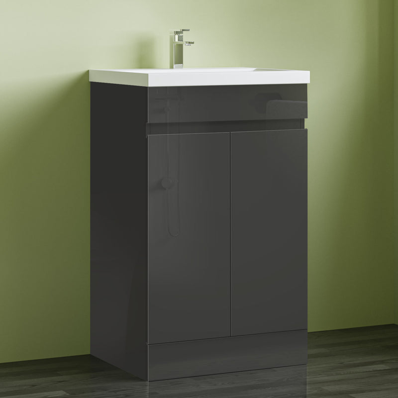 AICA 800x500mm Bathroom Anthracite Vanity Unit With Soft Close Doors|Storage Space|White Ceramic Basin