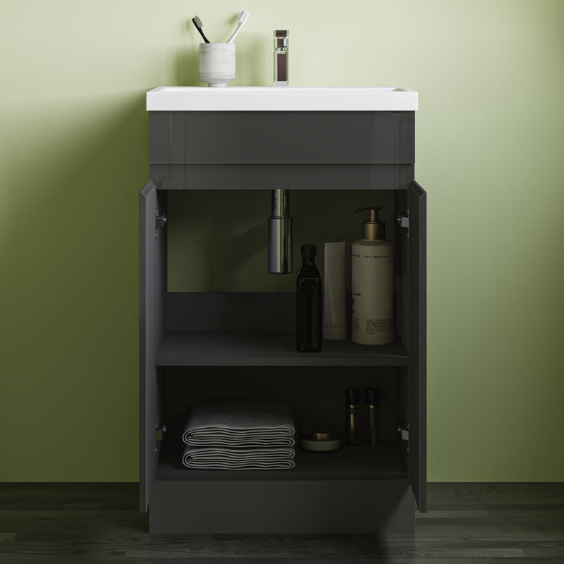AICA 800x500mm Bathroom Anthracite Vanity Unit With Soft Close Doors|Storage Space|White Ceramic Basin