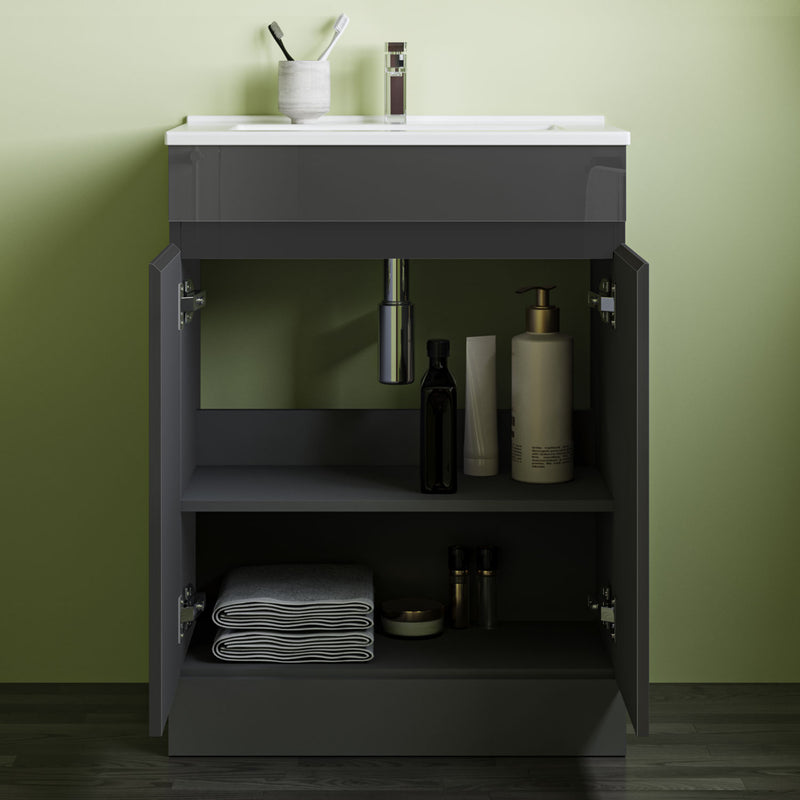 800x600mm Bathroom Anthracite Vanity Unit With Storage Space| Soft Close Doors|White Thick Ceramic Basin