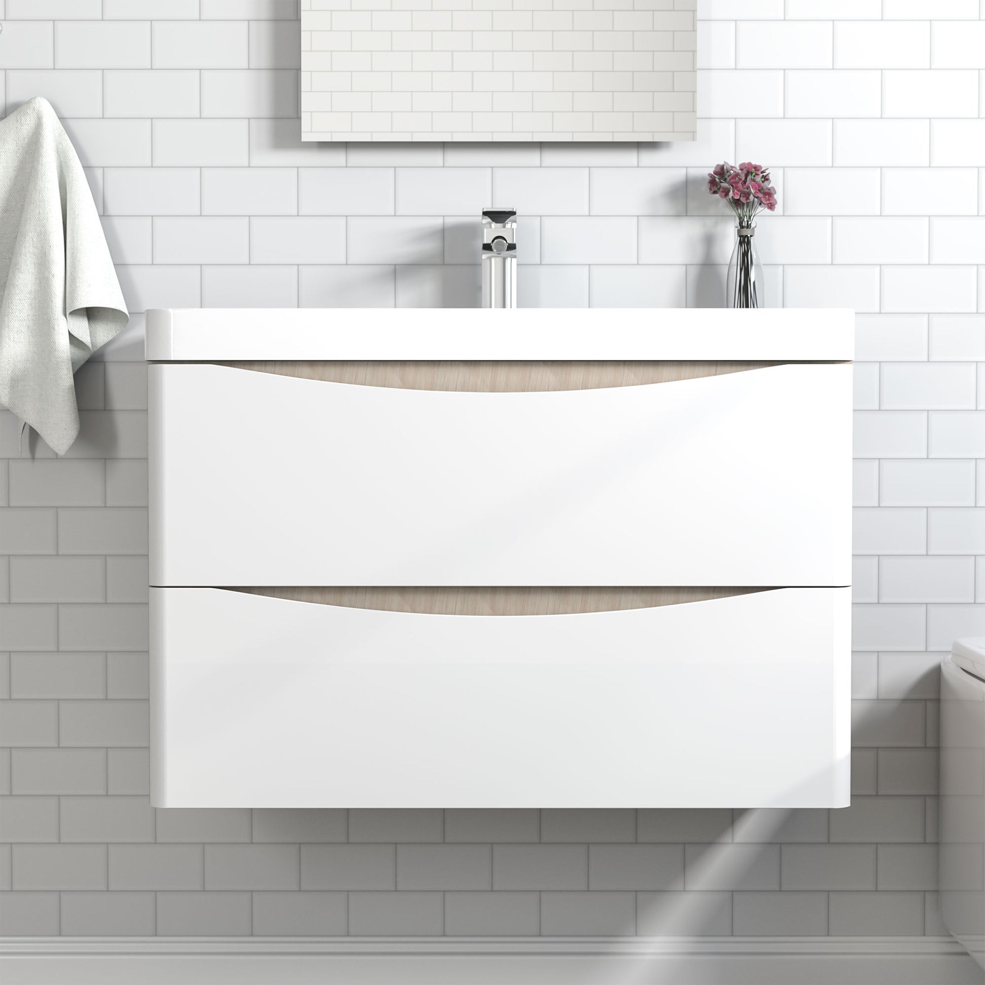 500/600/800mm Modern Bathroom Oak Vanity Unit with Basin Wall Hung