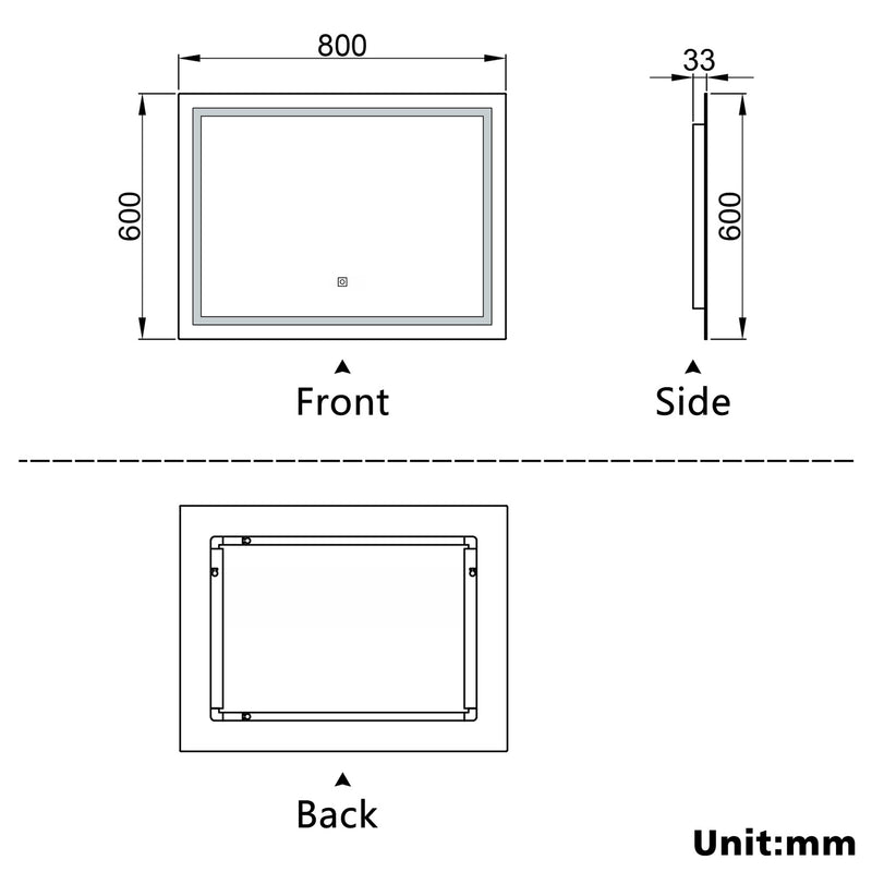 AICA 800 X 600 MM 3 Colour LED Mirror,Anti-fog,Infinitely Dimmable,Power Failure Memory,Touch wall switch
