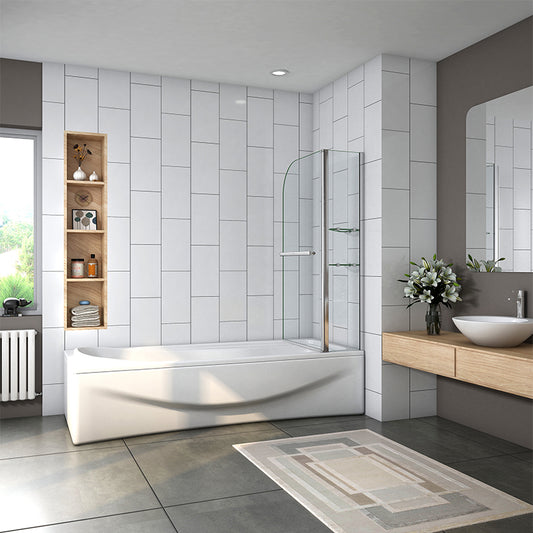 1000 Pivot Shower, Bath Screen with Glass Shelves&Towel Rail, Easy Clean Nano Glass Chrome