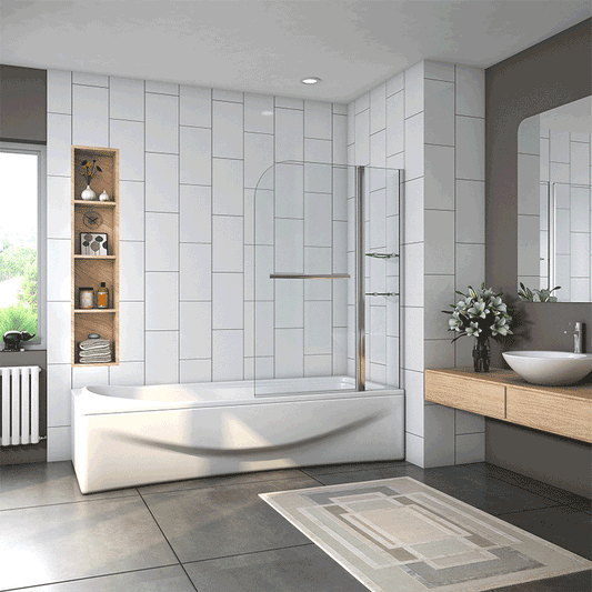 Pivot 2 Fold Shower Bath Screen with Glass Shelves,Towel Rail