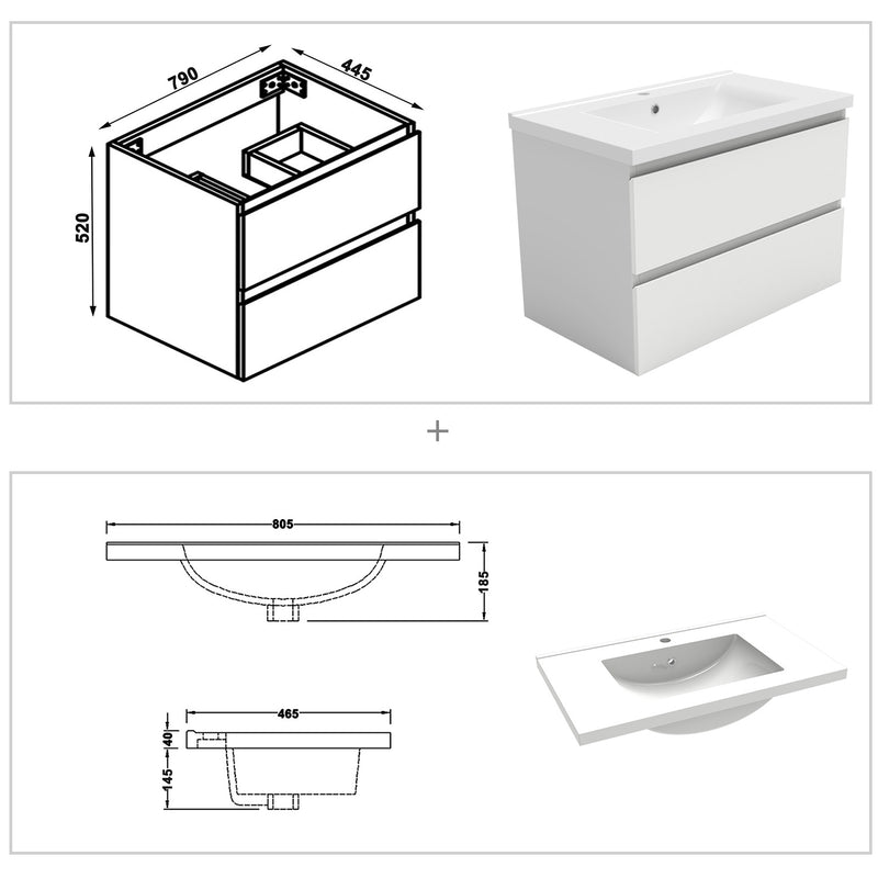 AICA 800mm Wide Wall Mounted Vanity Units and Sink 2 Drawers - Matt White