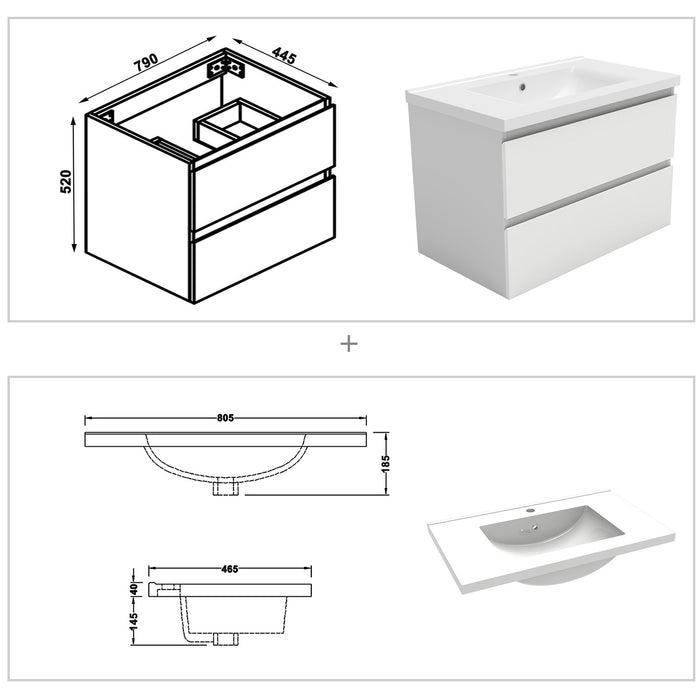 800mm Wide Wall Mounted Vanity Units and Sink 2 Drawers - Matt White