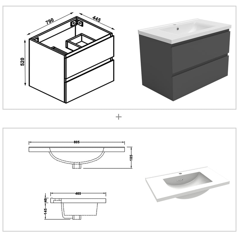 AICA 800mm Wide Wall Mounted Vanity Units and Sink 2 Drawers - Matt Grey