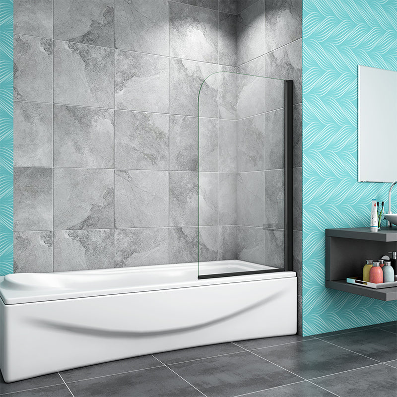 180 degree Pivot Bath Shower Screen Black Frame Glass Panel