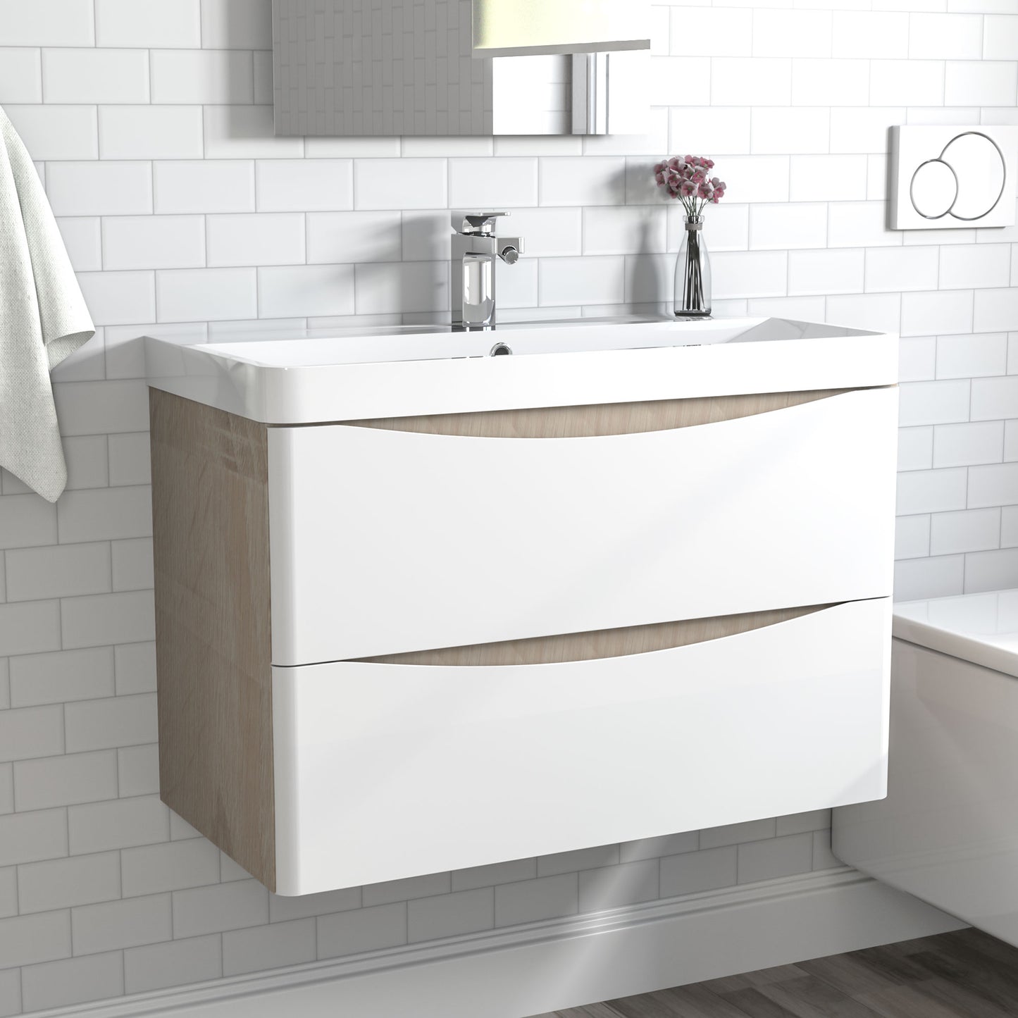 800mm Bathroom Oak Vanity Units with Resinous Sink Wall Mounted