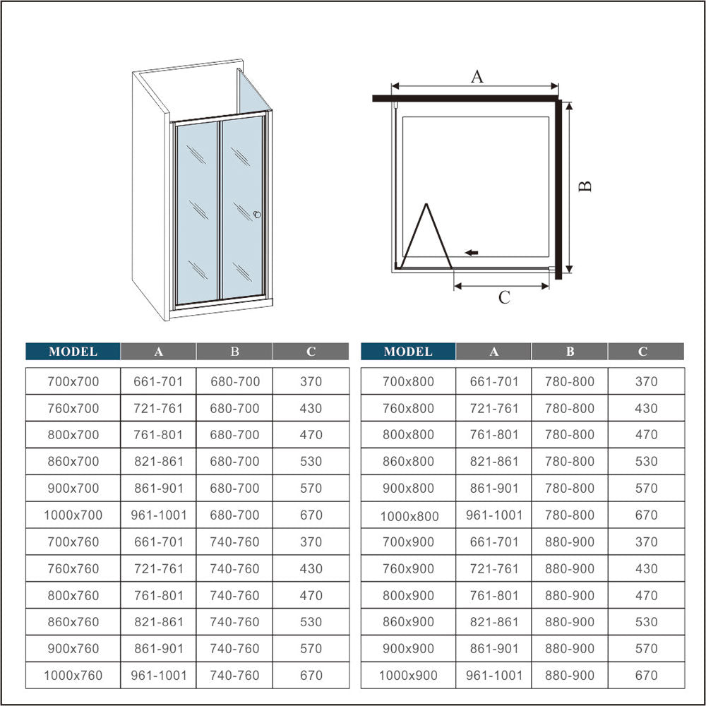 Bi fold Shower Rectangle Enclosures 185CM Shower Stone tray Optional