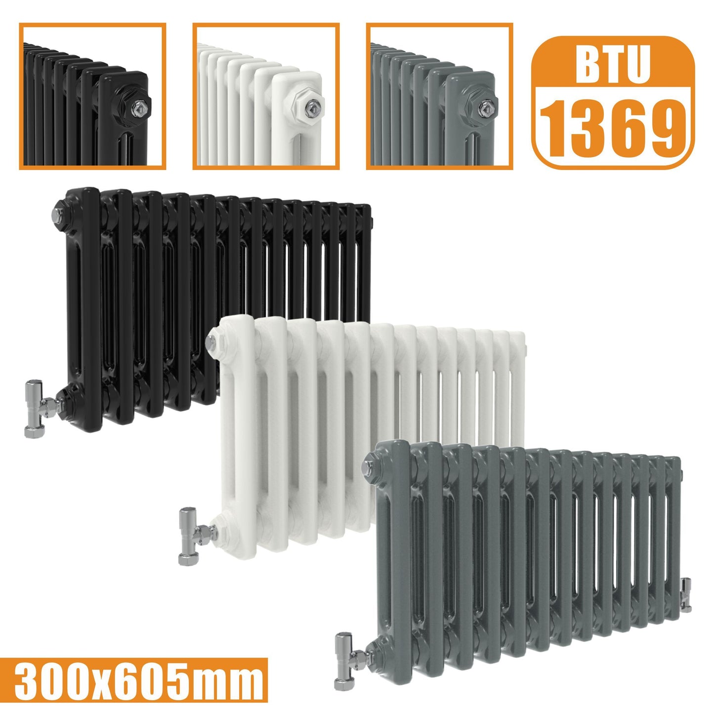 2Column Traditional Cast Iron Style radiator Horizontal 300x605 White Anthracite Vintage Rads