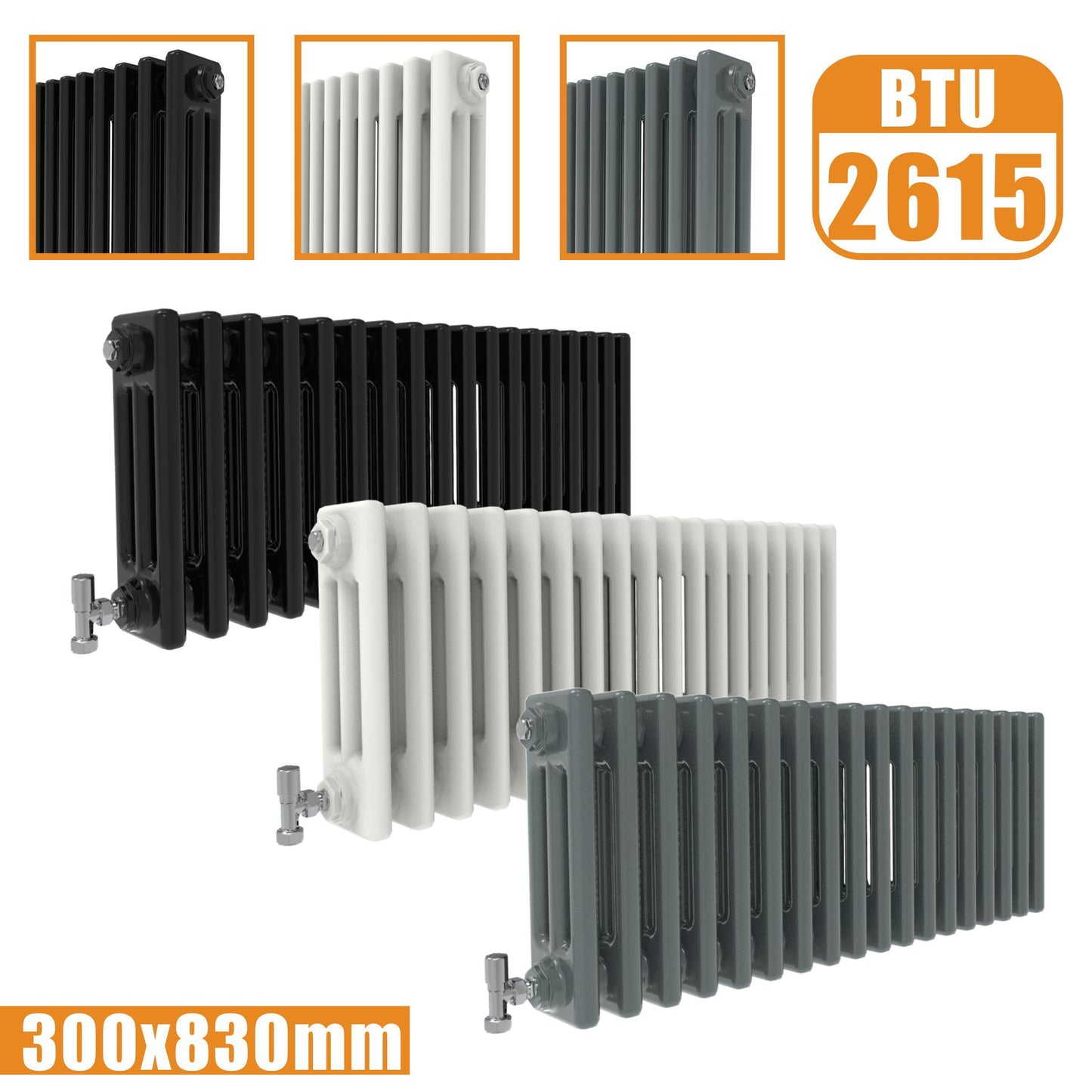 3Column Traditional Cast Iron Style radiator Horizontal 300x830 White Anthracite Vintage Rads
