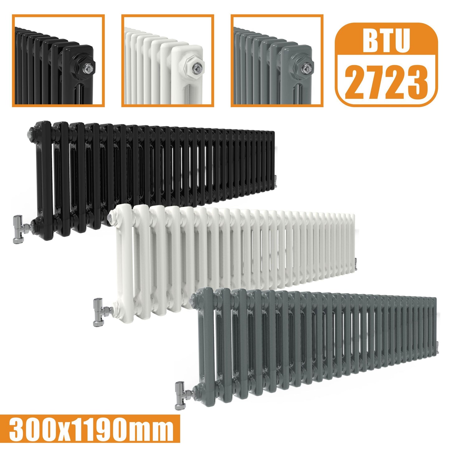 2Column Traditional Cast Iron Style radiator Horizontal 300x1190 White Anthracite Vintage Rads