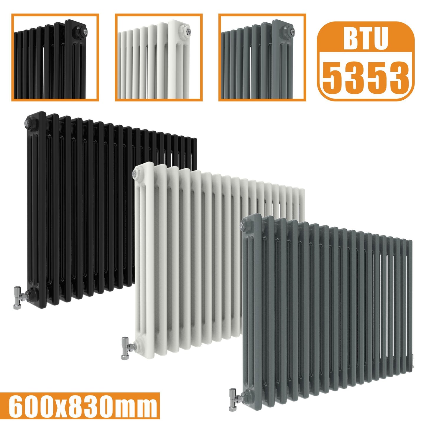 3Column Traditional Cast Iron Style radiator Horizontal 600x830 White Anthracite Vintage AICA Rads
