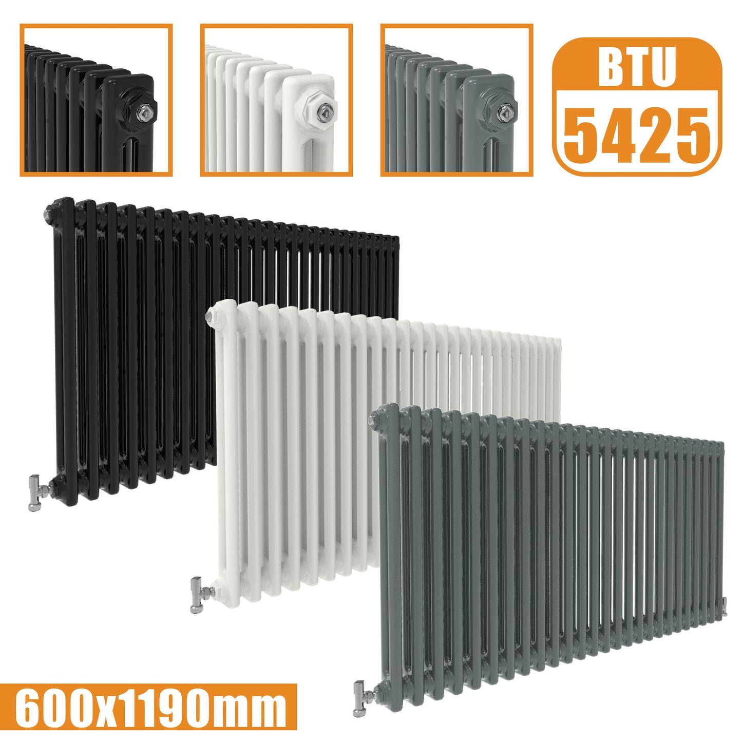 2Column Traditional Cast Iron Style radiator Horizontal 600x1190 White Anthracite Vintage AICA Rads