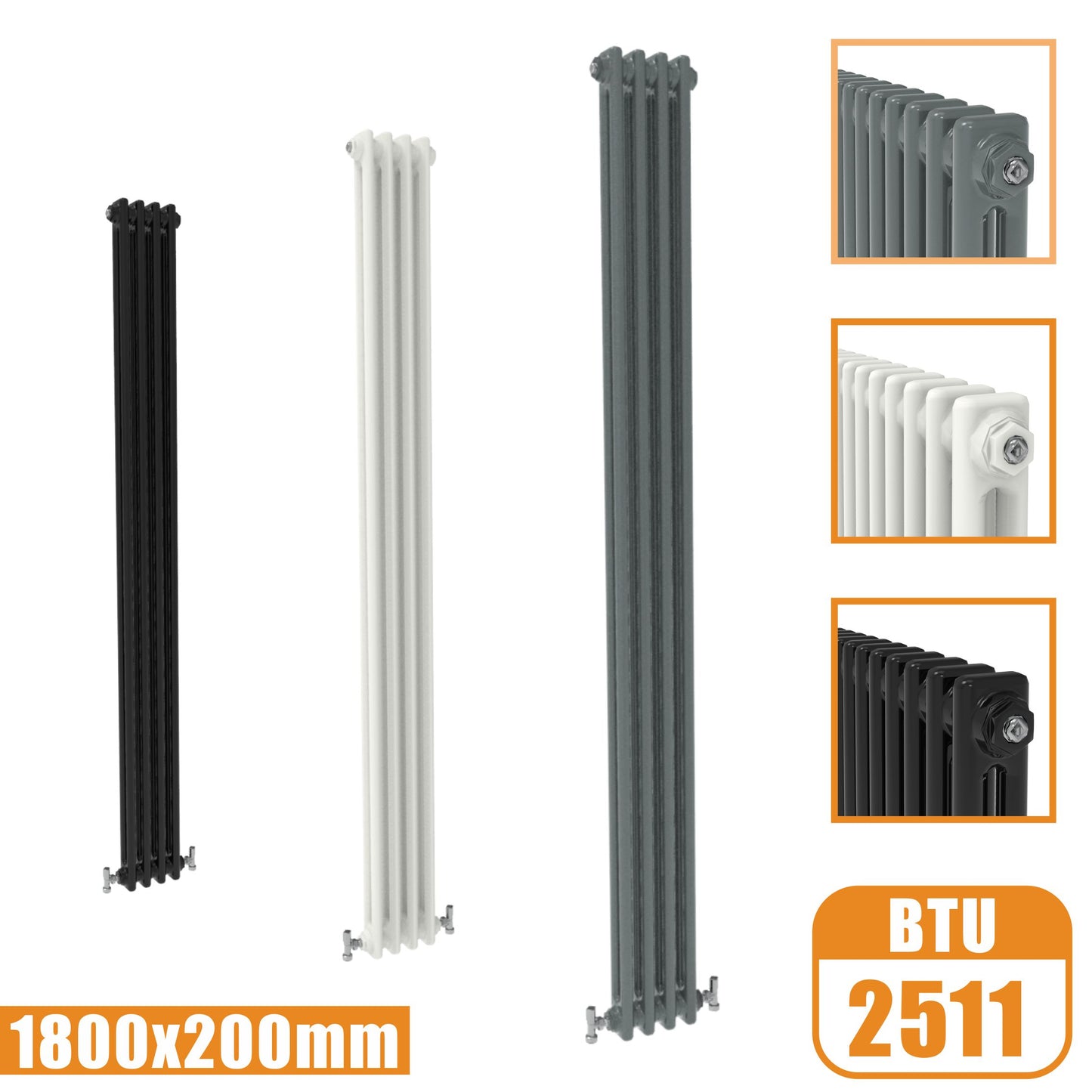 2Column Traditional Cast Iron Style 1800x200 Radiator Vertical Tall Vintage AICA Rads