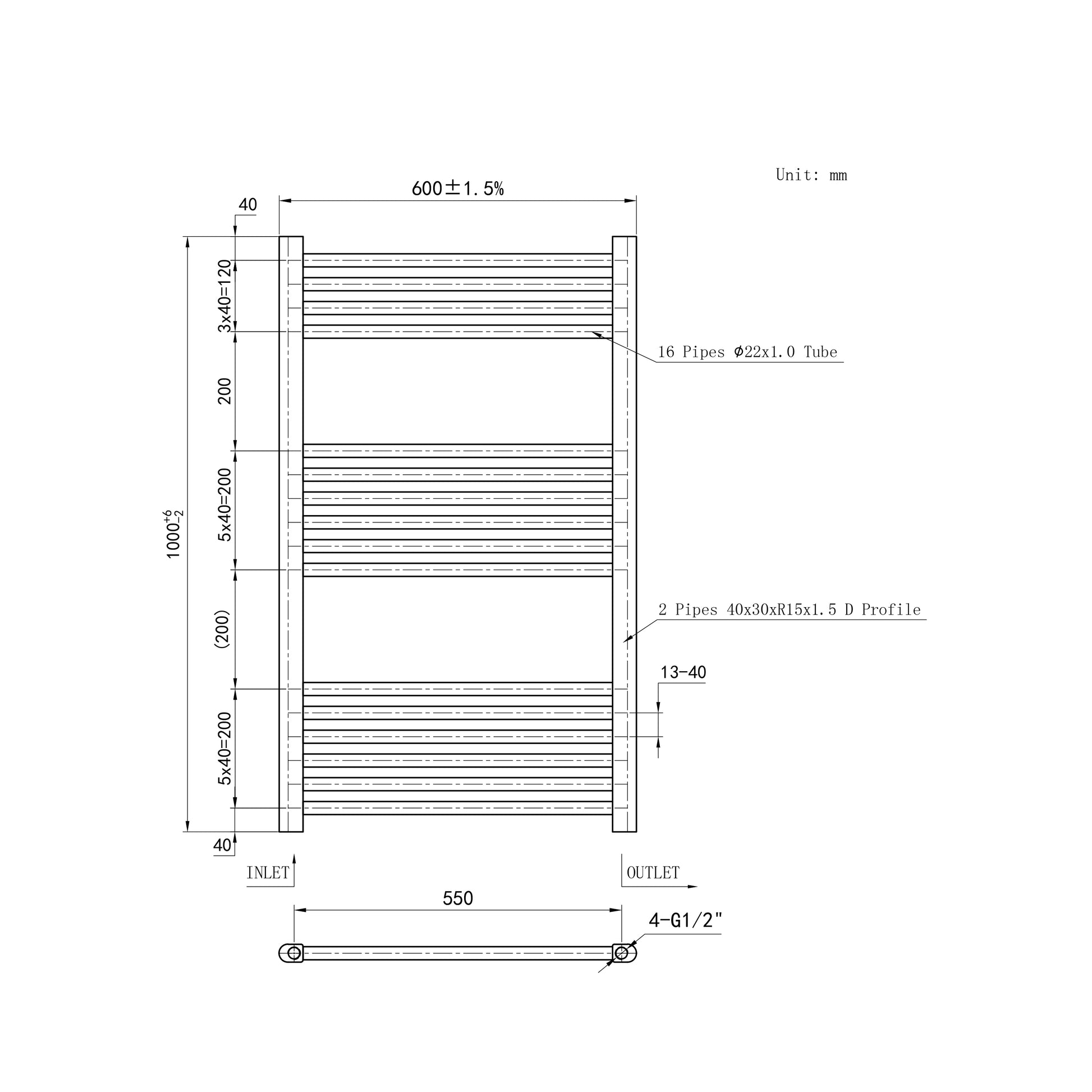 Matt Black Bathroom Central Heating Towel Rail Straight Designer Ladde