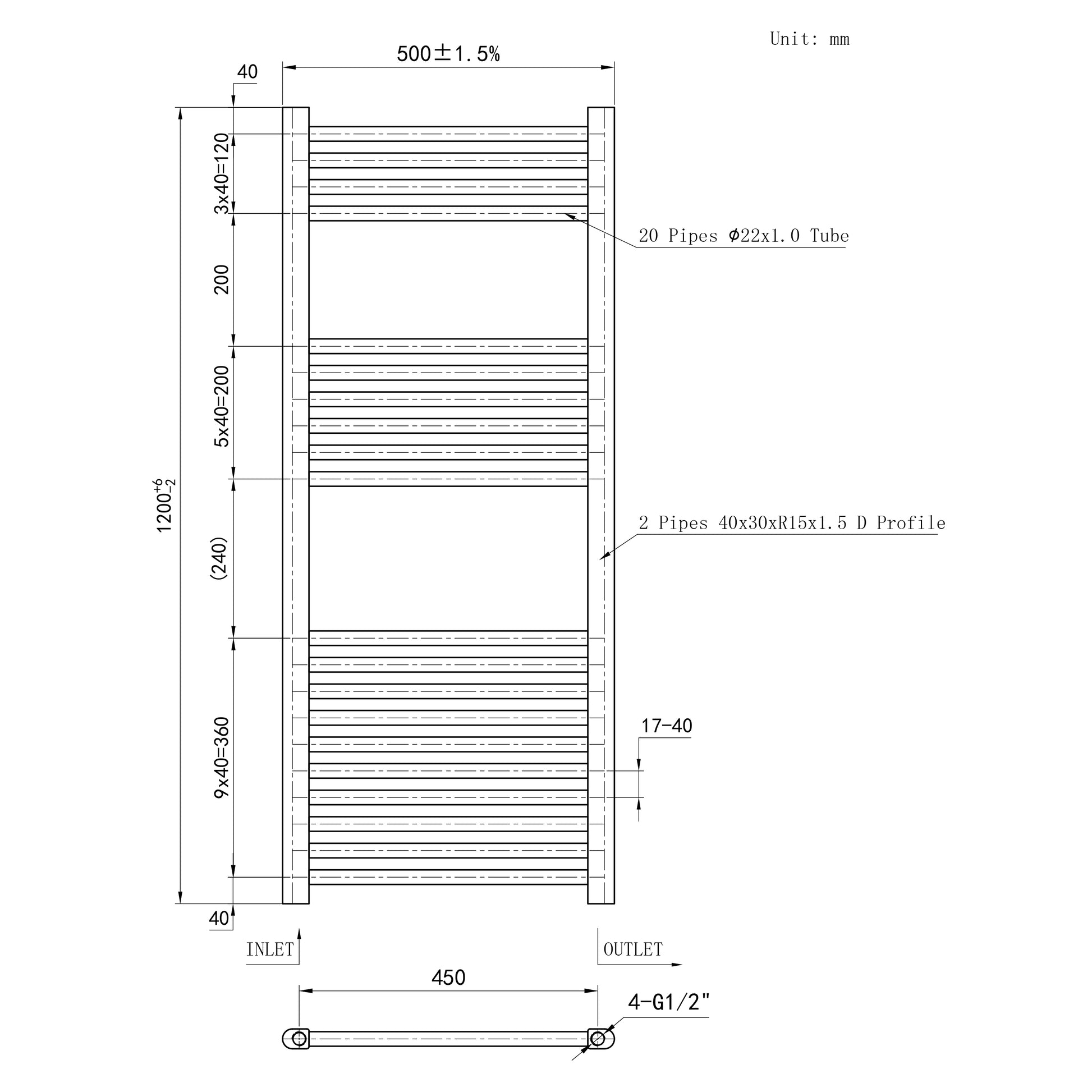 Matt Black Bathroom Central Heating Towel Rail Straight Designer Ladde