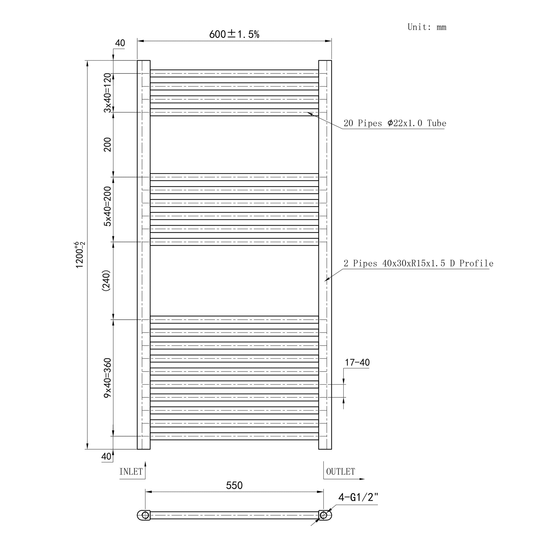 Matt Black Bathroom Central Heating Towel Rail Straight Designer Ladde