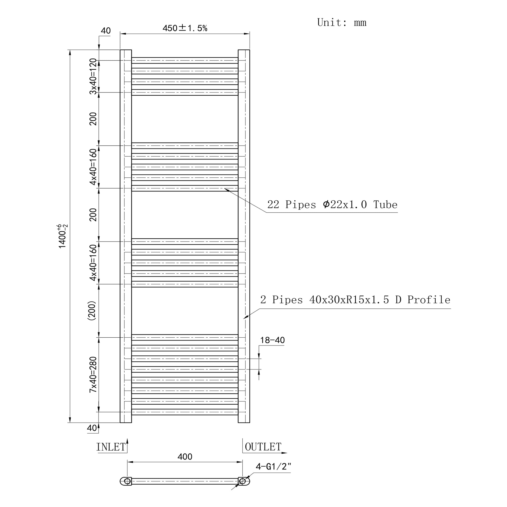 Matt Black Bathroom Central Heating Towel Rail Straight Designer Ladde