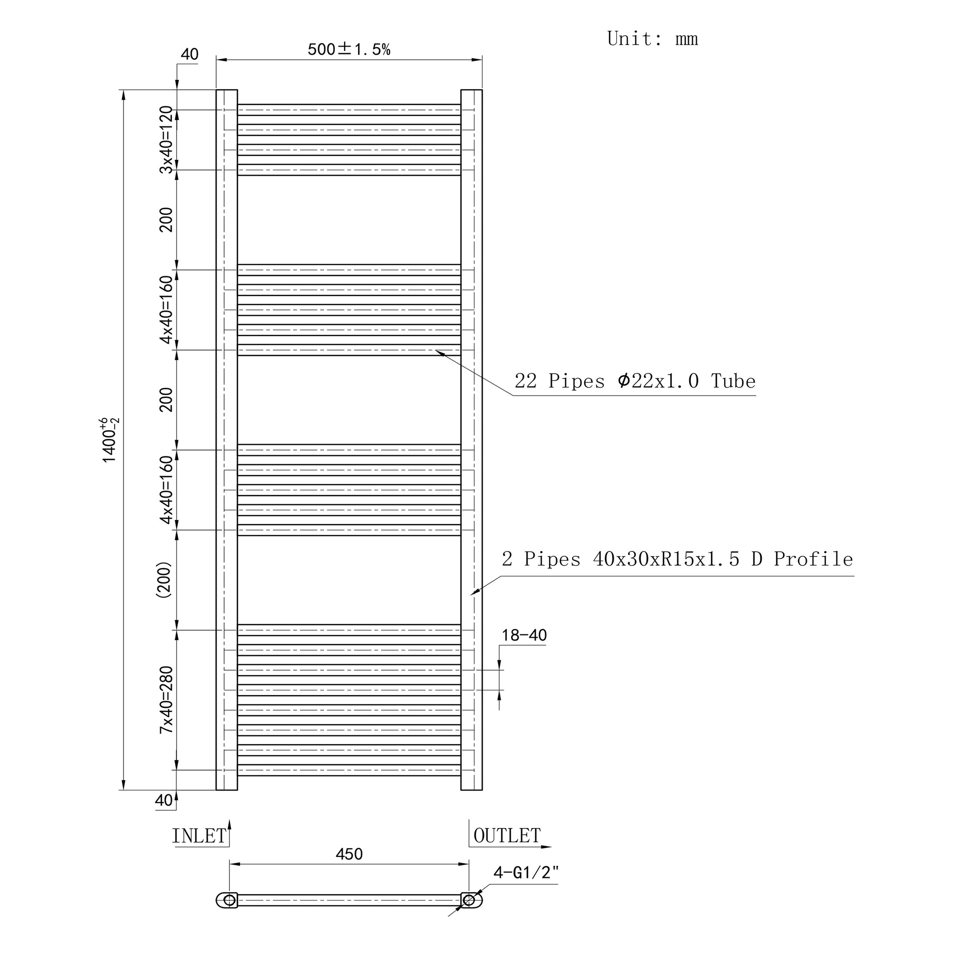 Matt Black Bathroom Central Heating Towel Rail Straight Designer Ladde