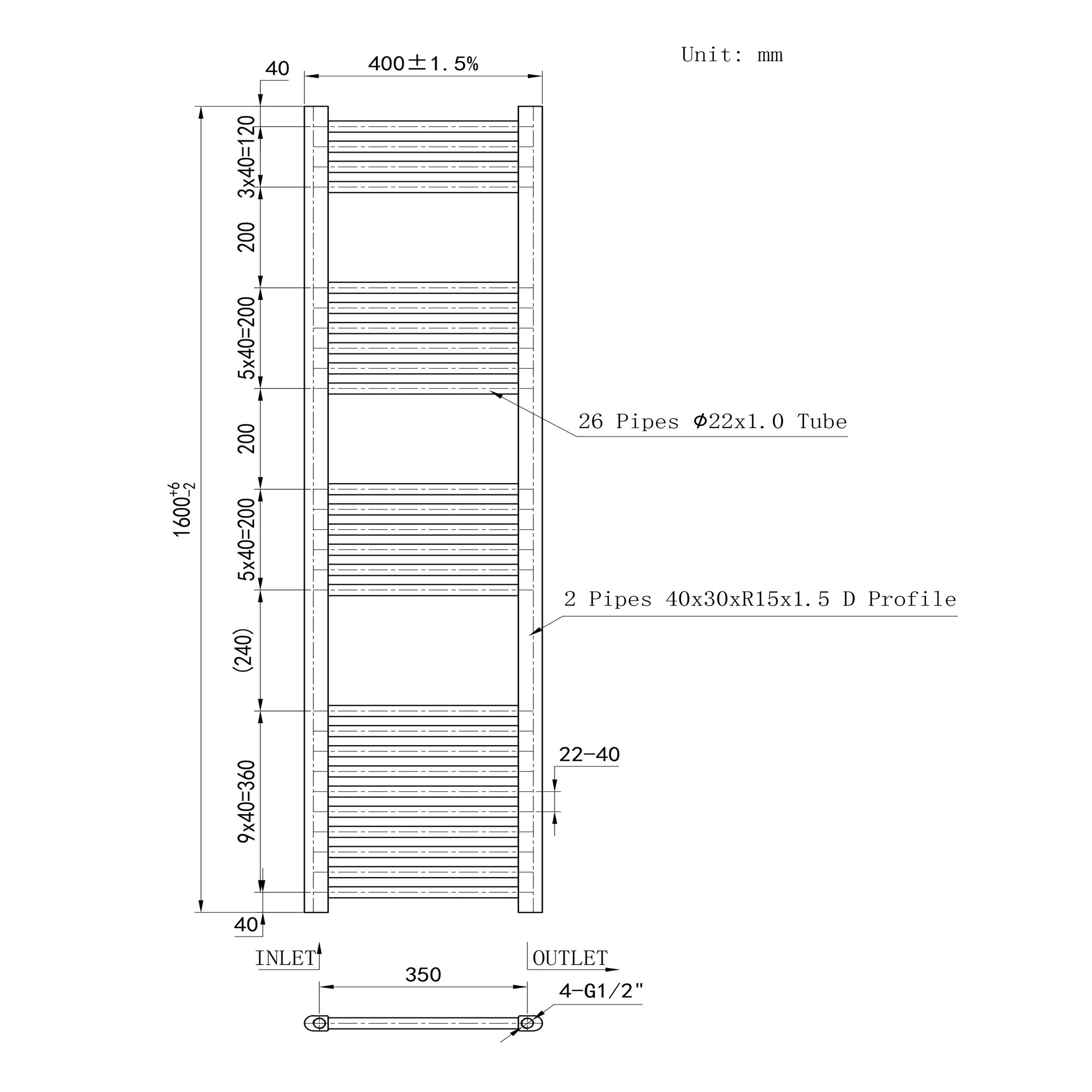 Matt Black Bathroom Central Heating Towel Rail Straight Designer Ladde