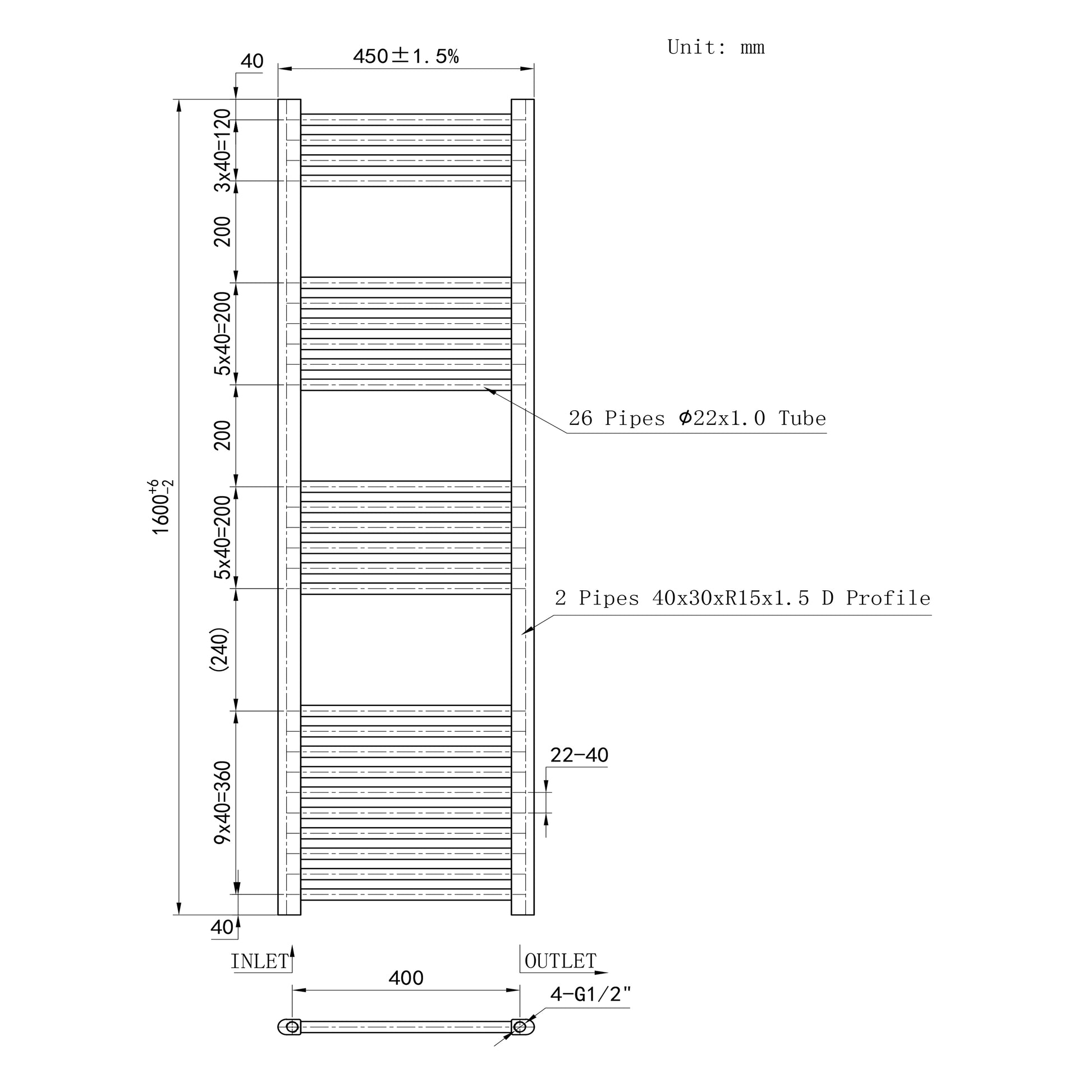 Matt Black Bathroom Central Heating Towel Rail Straight Designer Ladde