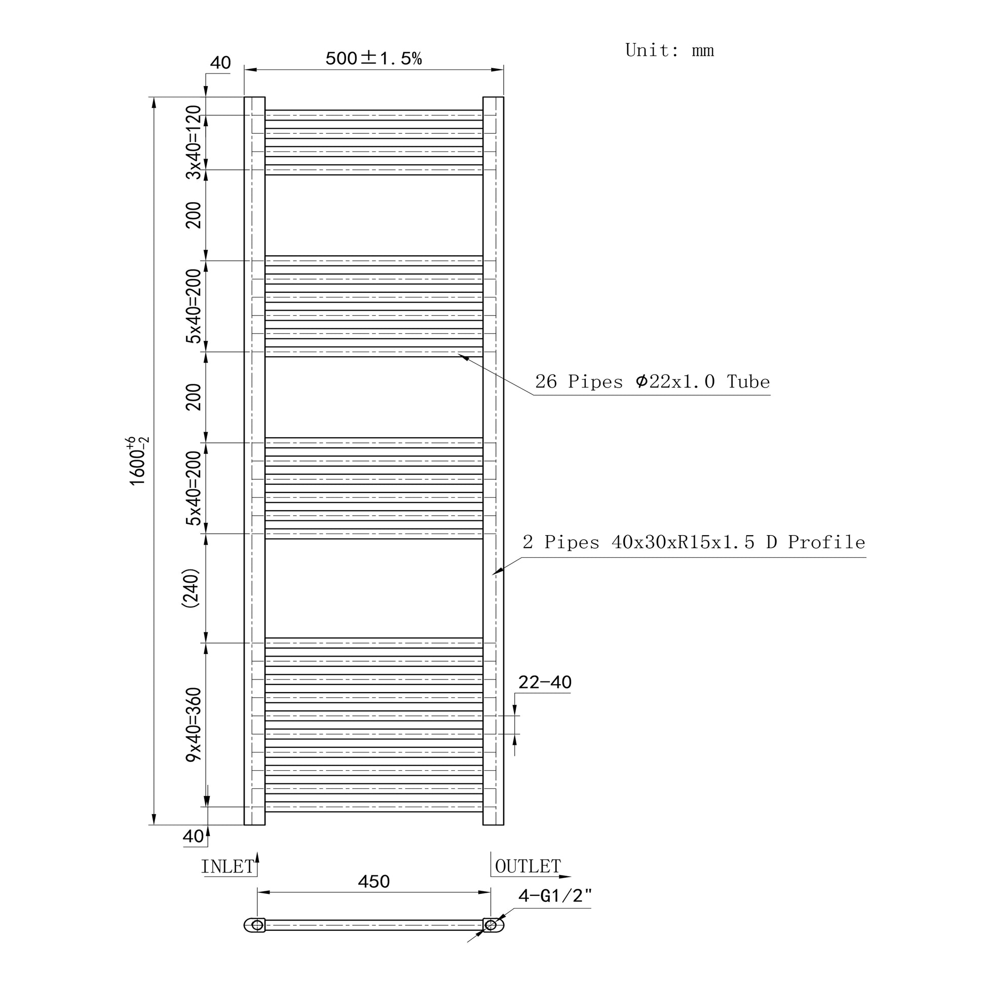 Matt Black Bathroom Central Heating Towel Rail Straight Designer Ladde