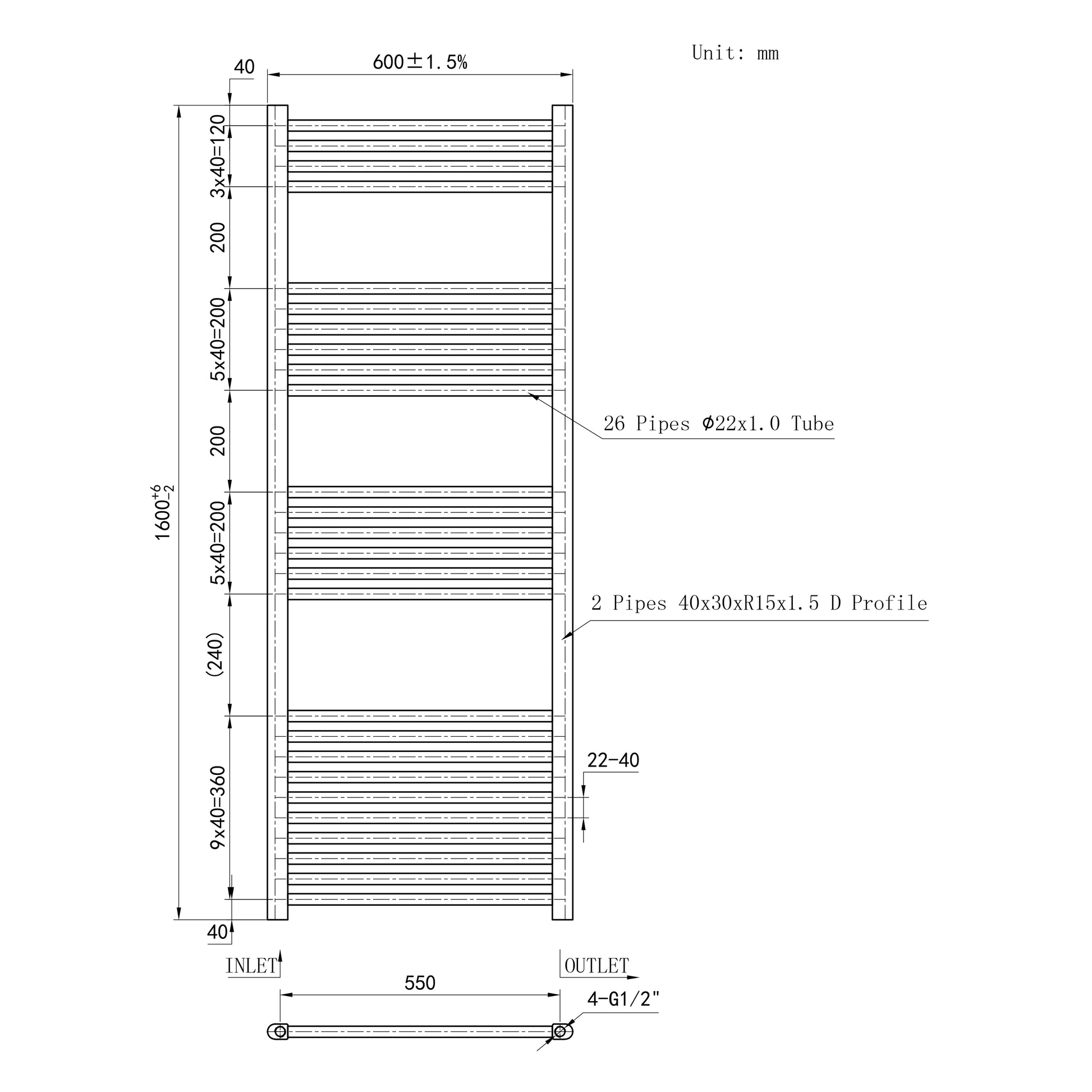 Matt Black Bathroom Central Heating Towel Rail Straight Designer Ladde