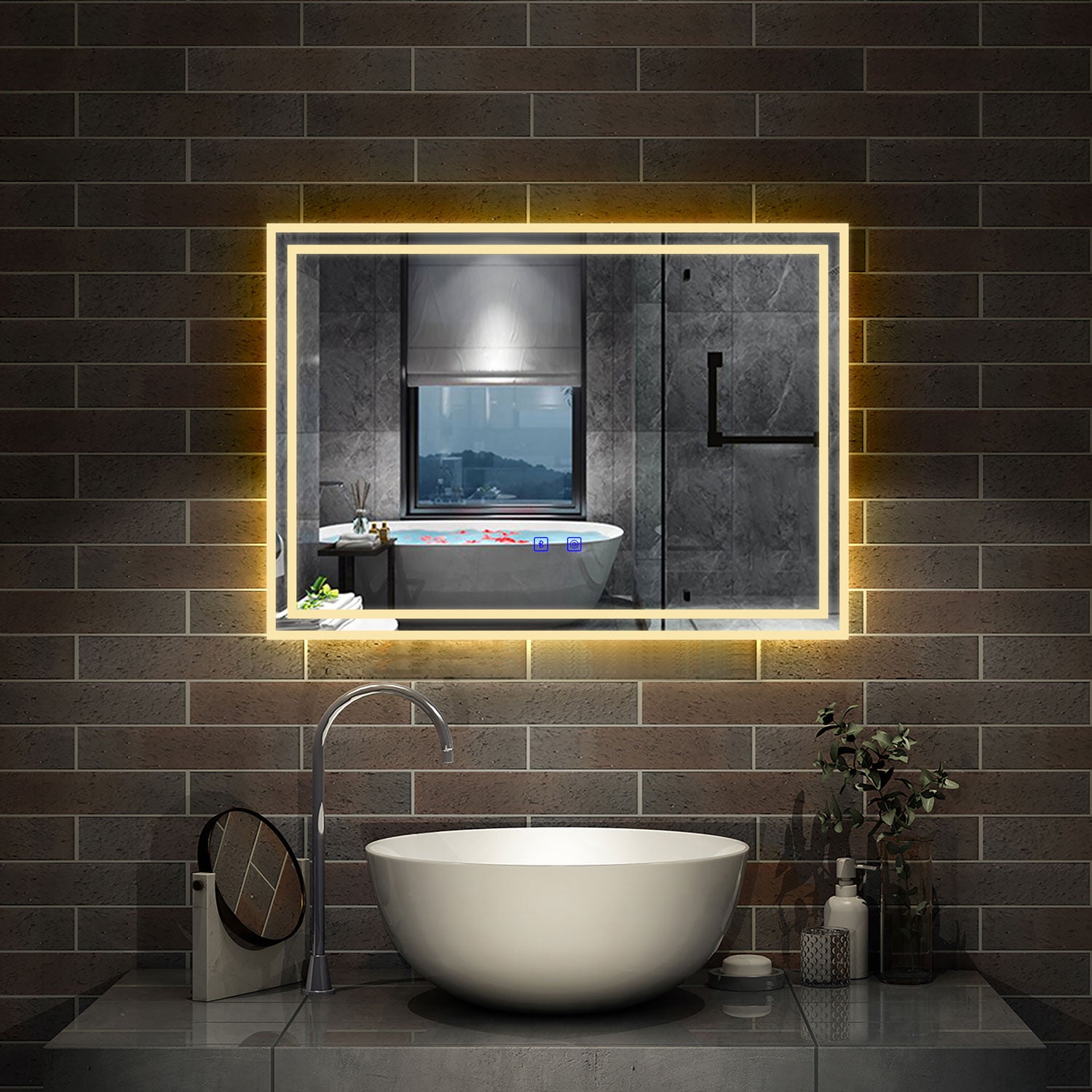 LED Bathroom Mirror with Demister Pad and Bluetooth 3 Colors Dimming F