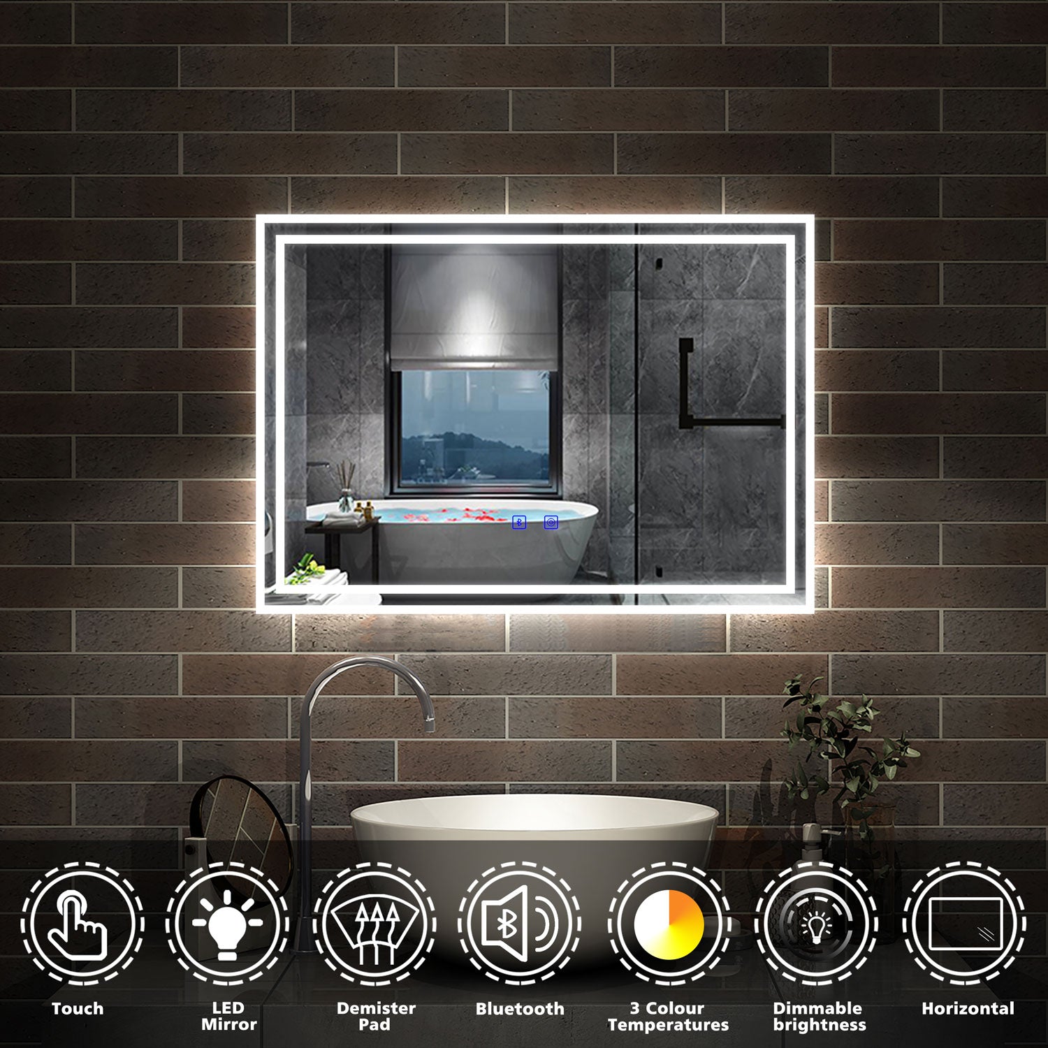 LED Bathroom Mirror with Demister Pad and Bluetooth 3 Colors Dimming F