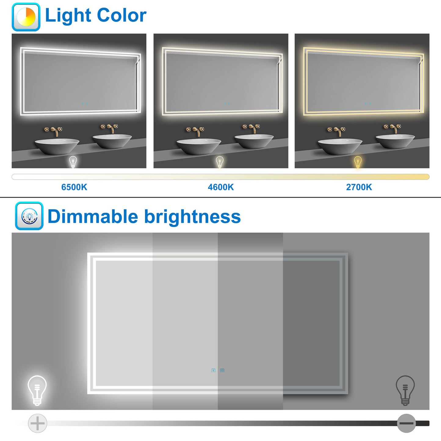 LED Bathroom Mirror with Demister Pad and Bluetooth 3 Colors Dimming Function