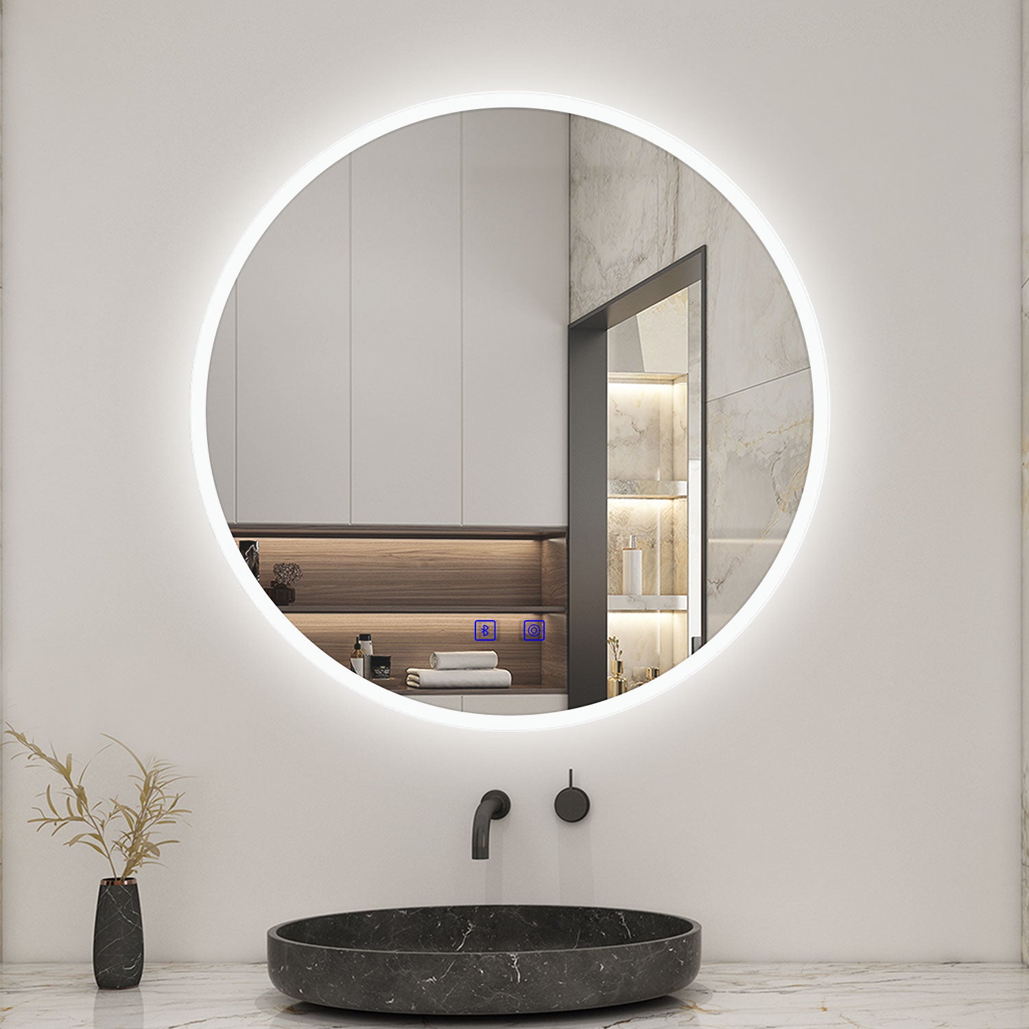 Round LED Bathroom Mirror with Demister Pad and Bluetooth 3 Colors Dim