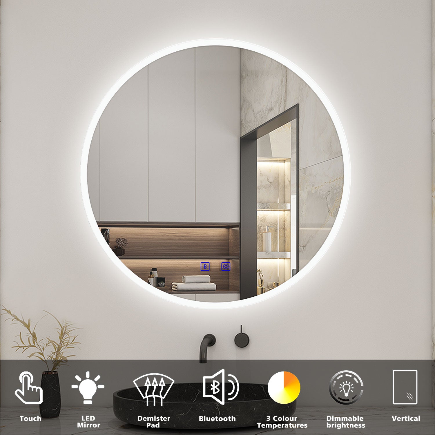 Round LED Bathroom Mirror with Demister Pad and Bluetooth 3 Colors Dim