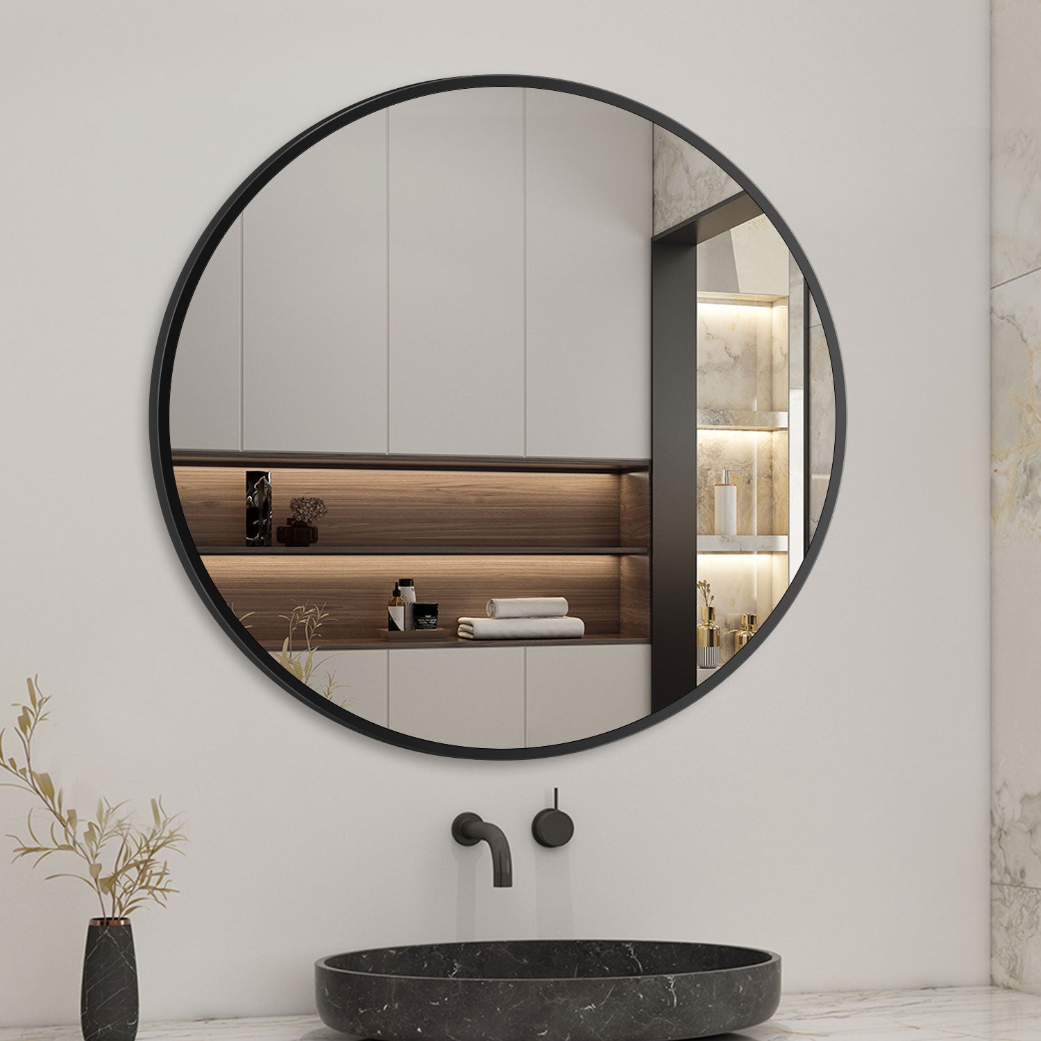 Modern Round Mirror Black Framed Wall Mounted